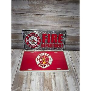 2 Fire Department Novelty License Plates Red Silver Diamond Plate 1999 EEI USA